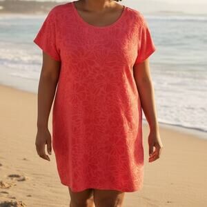 Lands End Size XL Coral Terry Cloth Floral Jacquard Beach Dress Swim Cover Up